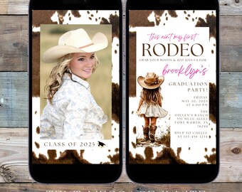 Invitación de graduación de chica campestre con mensaje de texto, invitación digital para fiesta de graduación del oeste, plantilla editable con temática de rodeo vaquera.