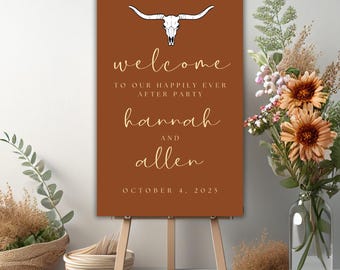 Plantilla de letrero de bienvenida para fiesta posterior a una boda occidental, letreros de boda de vaqueros, letrero de bienvenida para recepción, decoraciones de boda con calavera de vaca, letrero de boda