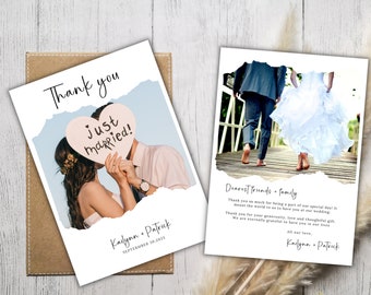 May include: A wedding thank you card with a photo of the couple kissing and holding a heart-shaped sign that says "just married!" The card has a torn paper effect and is decorated with a white background. The text "Kailynn + Patrick" and "September 30, 2023" is printed below the photo.