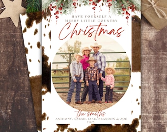 Western-Weihnachtsfotokarte Rustikale Cowboy-Feiertags-Grußkarte Personalisierte Familien-Weihnachtskarte mit ländlichem Charme-anpassbares Design