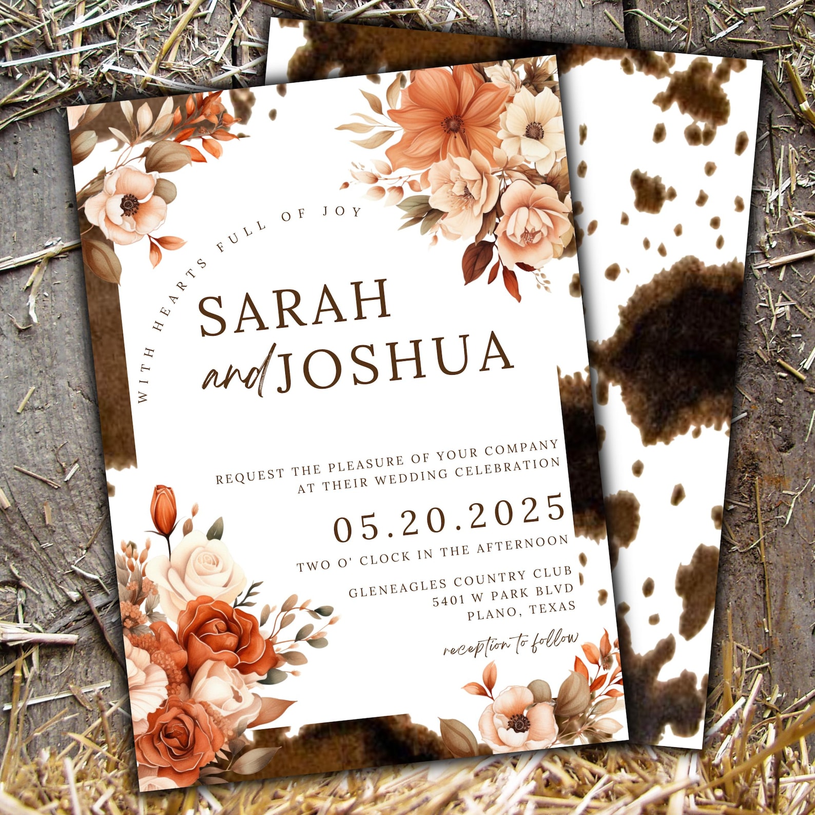 Western Wedding Invitation Cowhide Fall Floral Wedding Invites Rustic ...