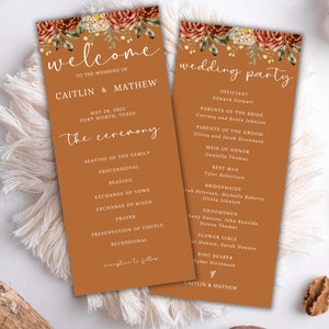 May include: A wedding ceremony programme with a floral design. The programme includes the wedding date, location, and the order of events for the ceremony. The back of the programme lists the wedding party members and their roles.