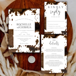 Western wedding invitation template cowhide wedding stationary set rustic wedding invites cowboy wedding invitation set country western set