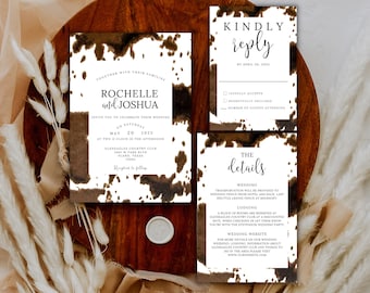 Western wedding invitation template cowhide wedding stationary set rustic wedding invites cowboy wedding invitation set country western set