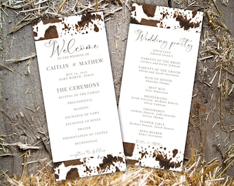 Plantilla de programa de boda occidental decoración de boda de cuero de vaca tarjetas de boda occidentales del país programa de boda de vaquero tarjeta de programa de boda rústica
