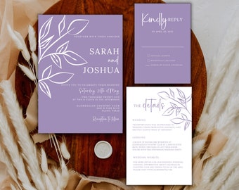 May include: Purple wedding invitation suite with white floral illustrations. The invitation card reads "Sarah and Joshua" and includes the wedding date and location. The RSVP card includes a reply by date and space for guest information. The details card includes information about the wedding, transportation, lodging, and website.