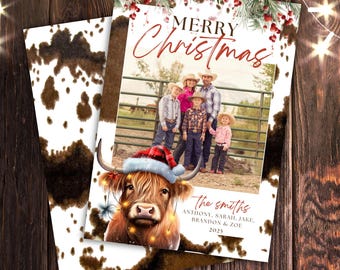 Highland Kuh Weihnachtskarte Vintage Weihnachtskarte Fotokarte Western Weihnachtskarten Cowboy Weihnachtsfotokarte Urlaub Kuhfell Karte