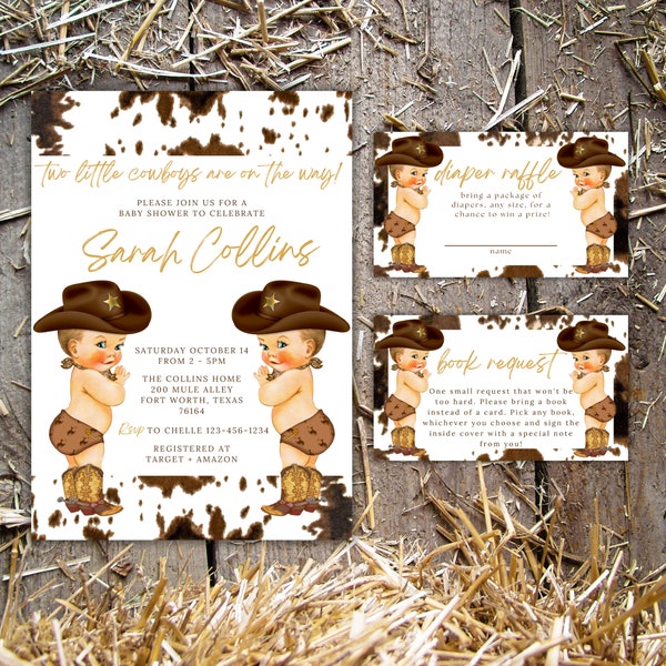 Twin Cowboy baby shower invitation two little cowboys are on the way invitation template western baby shower invitation twin baby shower