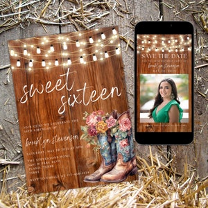 Sweet sixteen birthday party invitation western birthday party invite sweet sixteen party save the date cowgirl birthday party invitation