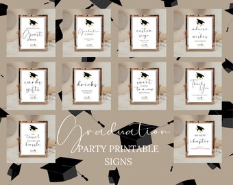 May include: Ten printable graduation party signs with gold accents and black text. The signs feature phrases like "Guest Book", "Cards & Gifts", "Drinks", "A Sweet Ending to a New Beginning", "Thank You", "The Tassel Was Worth the Hassle", "Custom Sign", "Advice & Wishes", and "My Next Chapter".