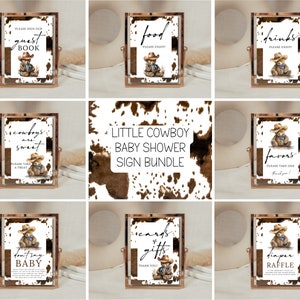 Western babyshower tafelborden sjabloon kaarten en cadeaus bord kleine cowboy onderweg babyshower koe print borden luier loterij bord bundel
