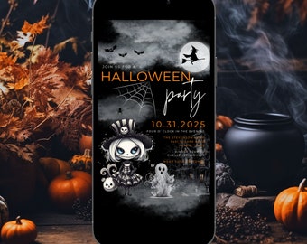 May include: A black and white Halloween party invitation with a cartoon witch and a ghost. The invitation includes the date, time, and location of the party. It also says "Wear your costume".