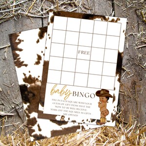 A little cowboy is on the way bingo game template western baby shower game printable cowboy baby shower party games cowboy print baby shower