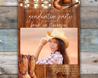 Plantilla de invitación para fiesta de graduación estilo western, invitación para fiesta de graduación estilo vaquera, invitación editable para fiesta de graduación, invitaciones de graduación