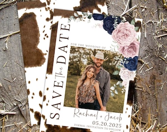 Modèle de réservation de date de mariage western pour mariage en cuir de vachette, faire-part de mariage de cow-boy et réservation de date, mariage rustique, mariage d'automne