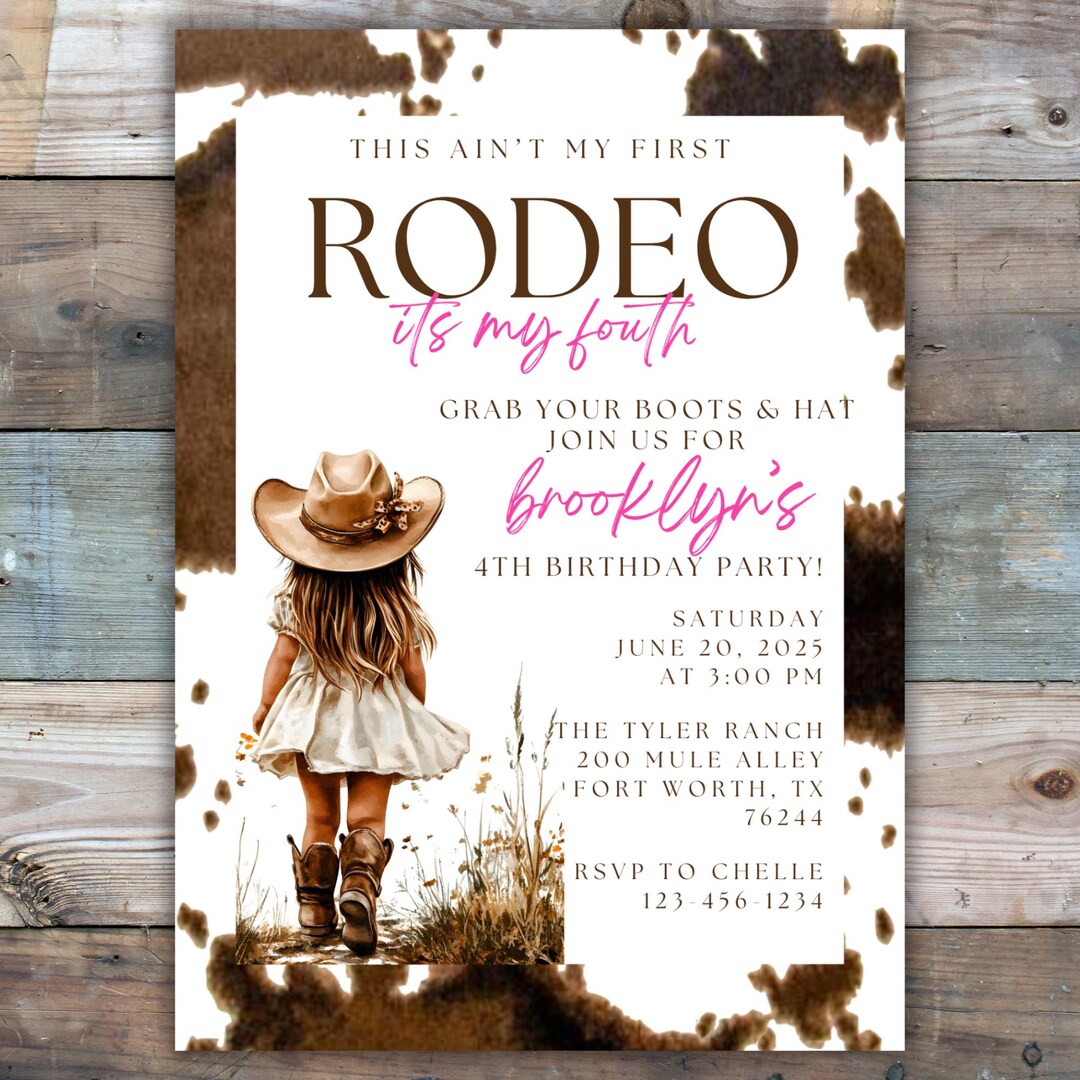 Cowgirl Birthday Party Invitation Fourth Rodeo Party Invite Kids ...