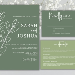 Faire-part de mariage vert sauge invitation moderne stationnaire comprend une carte rsvp Carte de détails de mariage vert sauge ensemble d&#39;invitation minimaliste