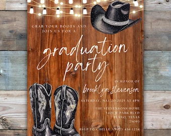 Plantilla de invitación para fiesta de graduación occidental, invitación para fiesta de graduación de vaquera, invitación editable para fiesta de graduación, invitaciones de graduación