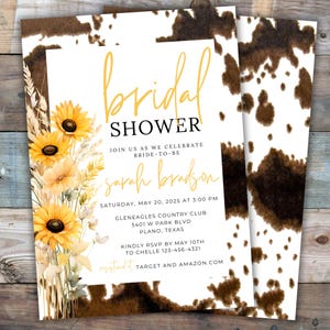 Sonnenblume Brautparty Einladung Vorlage Western-Brauteinladungen Braut zur Dusche lädt bearbeitbare Einladung Cowgirl Brautparty ein