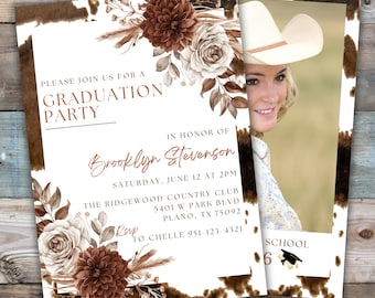 Plantilla de invitación de graduación estilo western, invitación para fiesta de graduación vaquera, invitación de graduación vaquera, plantilla editable de Canva para invitación de fiesta 2026