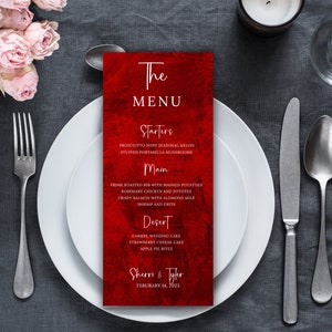 Rotes Abendmenu Hochzeitsfeier Dekor Abendmenu Vorlage bearbeitbares Tischmenü Hochzeitsfeier rotes Dekor für Hochzeitstisch