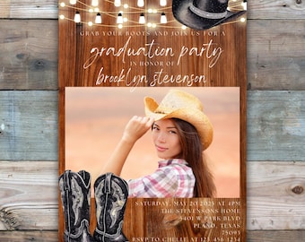 Plantilla de invitación para fiesta de graduación estilo western, invitación para fiesta de graduación estilo vaquera, invitación editable para fiesta de graduación, invitaciones de graduación