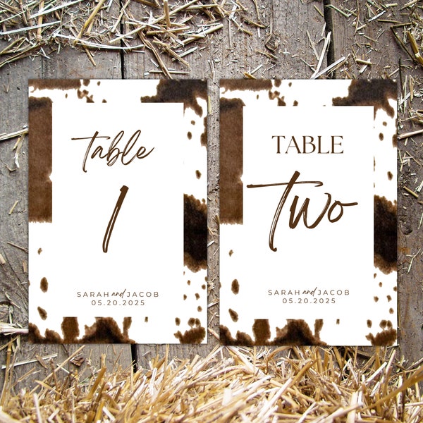 Cowboy wedding decor western wedding table number signs template cowhide print wedding table signs editable printable table sign templates