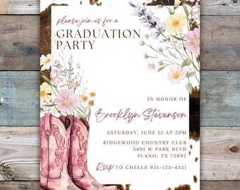 Plantilla de invitación para fiesta de graduación estilo western, invitación editable para fiesta de graduación estilo vaquera, invitación para fiesta de graduación con flores silvestres y botas.