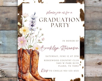 Plantilla de invitación para fiesta de graduación estilo western, invitación editable para fiesta de graduación estilo vaquera, invitación para fiesta de graduación con flores silvestres y botas.