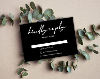 May include: Black and white RSVP card with the text "kindly reply by April 20, 2025". The card has two checkboxes: "Joyfully Accepts" and "Regretfully Declines". There is a line for the number of guests attending.