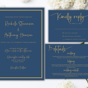 Navy blue and gold wedding invitation template blue and gold wedding invites kindly reply card template navy blue wedding details card set