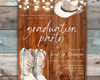Plantilla de invitación para fiesta de graduación estilo western, invitación para fiesta de graduación estilo vaquera, invitación editable para fiesta de graduación, invitaciones para fiesta en el granero.