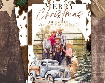 Western-Weihnachtsfotokarte Rustikale Cowboy-Feiertags-Grußkarte Personalisierte Familien-Weihnachtskarte mit ländlichem Charme-anpassbares Design
