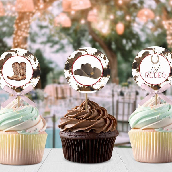 Cupcake toppers template first rodeo cupcake toppers western birthday party cupcake toppers printable cowboy birthday decor western birthday