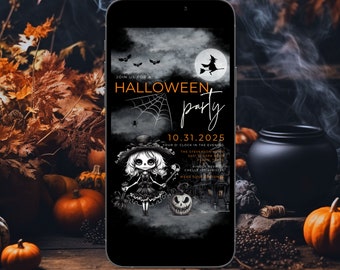 May include: A Halloween party invitation with a black and white illustration of a witch with a skull face and a pumpkin. The text on the invitation reads "Join us for a Halloween party 10.31.2025 Four o' clock in the evening The Stevenson House 1234 Dark Street  Sadi 123-456-1234  Kindly RSVP  Chelle 123-456-1234  Wear your costume"