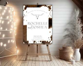 Plantilla de signo de bienvenida de boda occidental signos de boda rústicos decoración de la boda del vaquero decoraciones de la boda occidental signos occidentales signos de cuero de vaca