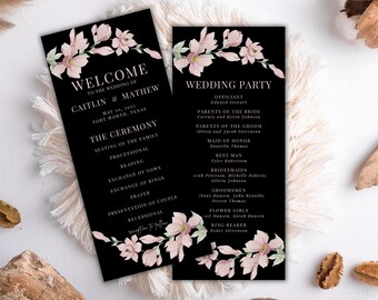 Black and pink floral wedding decor black wedding ceremony program template cards black and pink wedding decor pink wedding program card