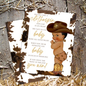 A little cowboy is on the way baby shower games clothespin game sign template western baby shower decor cowboy baby shower signs printables