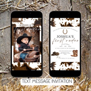 first rodeo party text message invitation western birthday party evite cowhide birthday party invite digital 1st rodeo party text invite