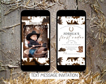 first rodeo party text message invitation western birthday party evite cowhide birthday party invite digital 1st rodeo party text invite