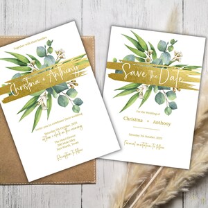 Ensemble d&#39;invitations de mariage or et verdure