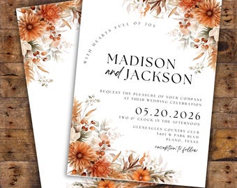 Conjunto de invitaciones para bodas campestres, invitaciones rústicas para bodas con motivos florales, bodas de vaqueros, bodas florales otoñales, bodas en graneros, bodas al aire libre