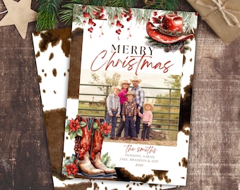 Western-Weihnachtsfotokarte Rustikale Cowboy-Feiertags-Grußkarte Personalisierte Familien-Weihnachtskarte mit ländlichem Charme-anpassbares Design