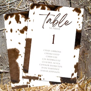 Western wedding decor table number with names signs wedding table numbers 5x7 editable table numbers cowhide print cowboy wedding decor