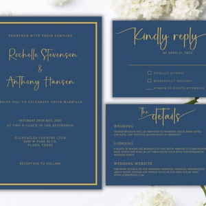 Blue and gold wedding invitation template navy blue and gold wedding invites kindly reply card template navy blue wedding details card set