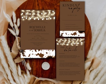 Western Hochzeitseinladung Vorlage Western Rsvp Karte Kuhfell Hochzeitseinladung Schreibwaren Cowboy Hochzeit Set DIY Country Western Hochzeit