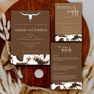 Western wedding invitation template rustic wedding set diy wedding invitations cowboy wedding invitation stationary cowhide wedding invites image 1