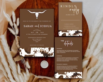Western wedding invitation template rustic wedding set diy wedding invitations cowboy wedding invitation stationary cowhide wedding invites