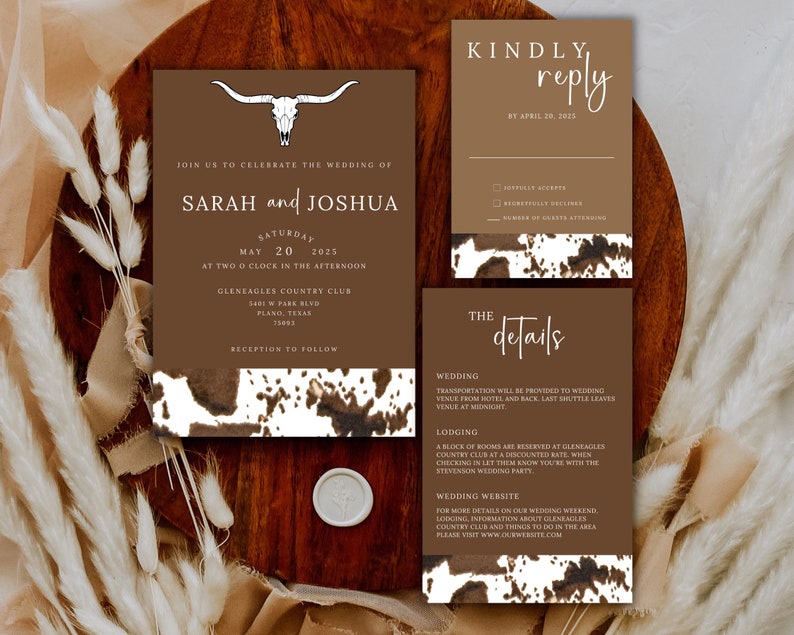 Western wedding invitation template rustic wedding set diy wedding invitations cowboy wedding invitation stationary cowhide wedding invites image 1