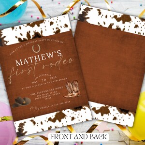 May include: A brown and white invitation with a cowboy boot and hat design. The invitation is for Mathew's first rodeo, on Saturday, May 20, 2025, at 2:00 PM at The Stevensons Home, 200 Mule Alley, Fort Worth, Texas 76164. RSVP to Chelle at 123-456-1234.